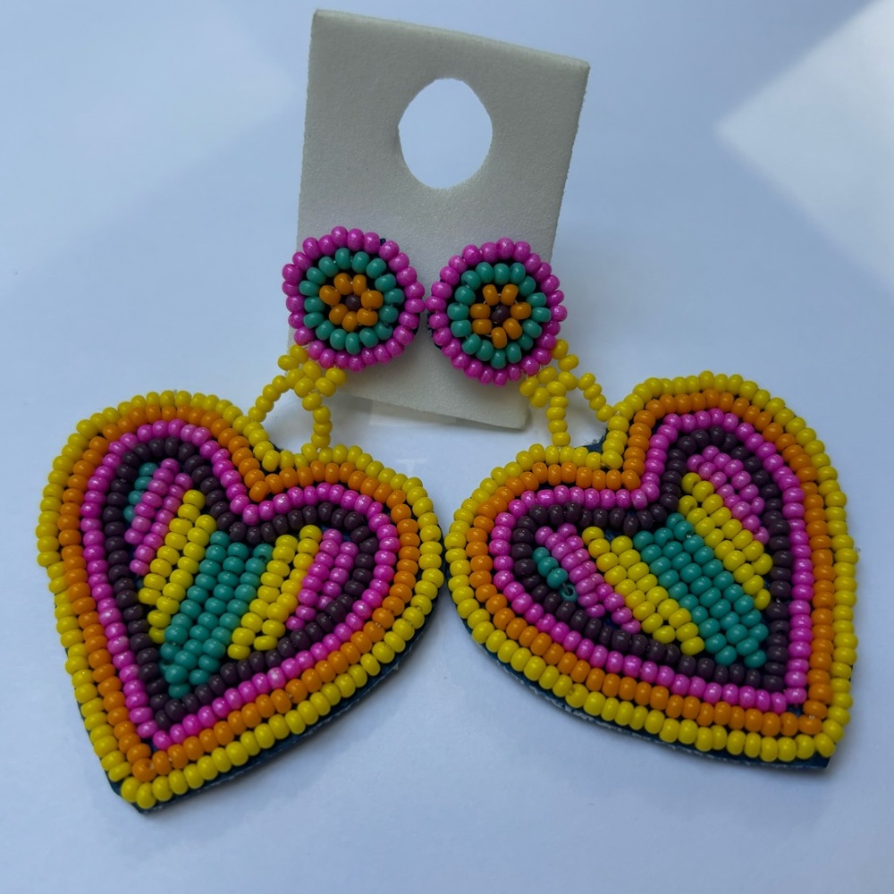 New Handmade Mexican Colorful Beaded Heart Earrings